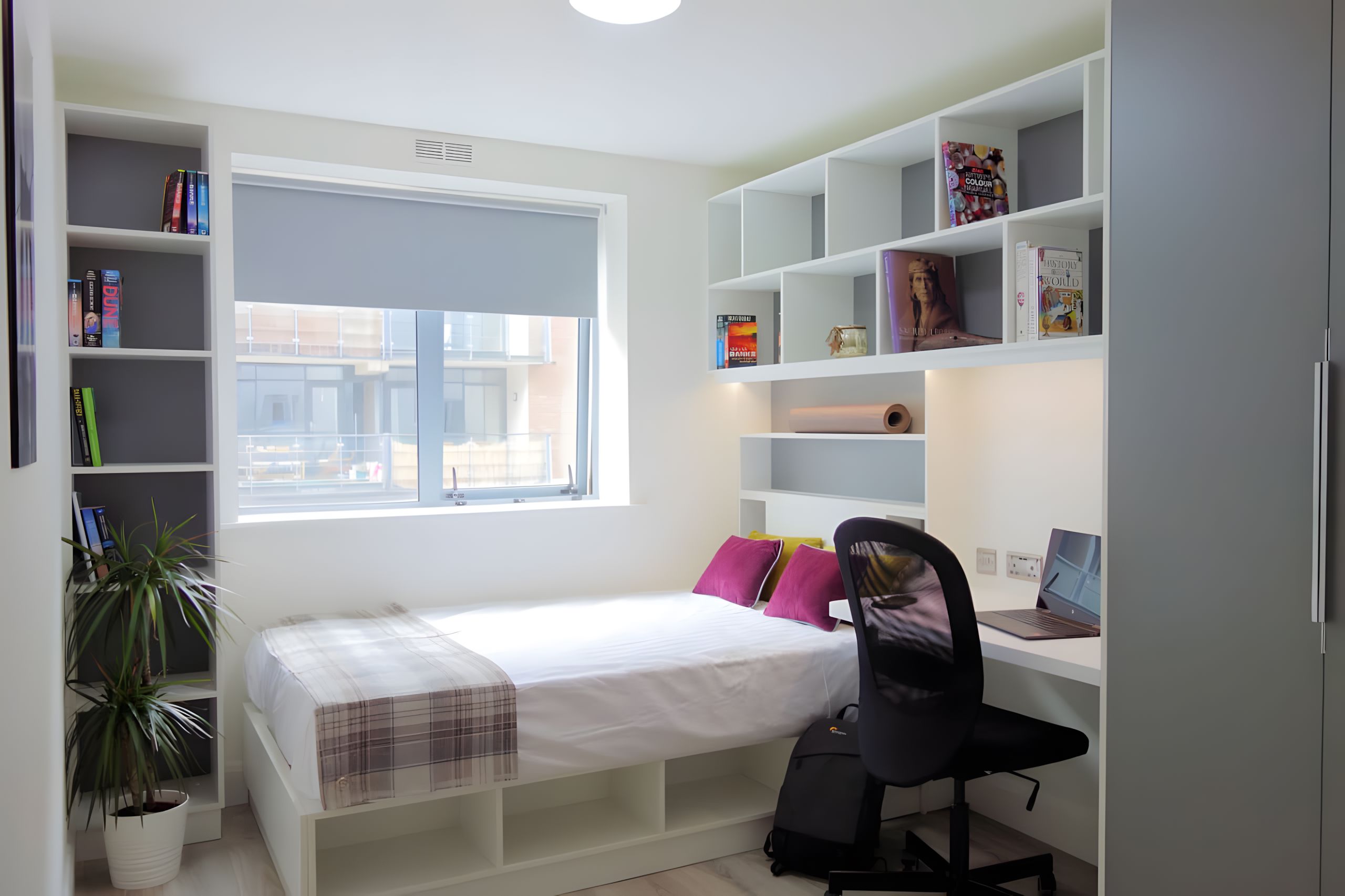 Student bedroom with desk, storage and window, NCI residence