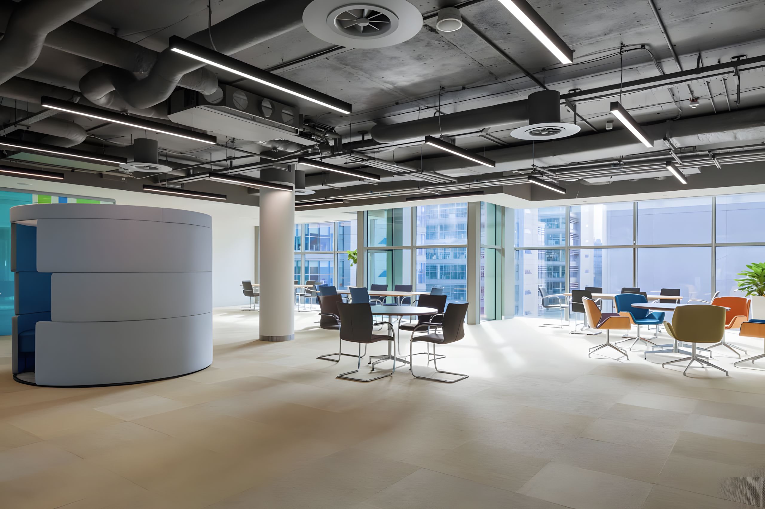 Open collaborative learning space at NCI, overlooking Dublin